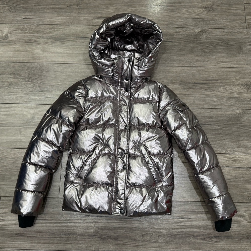 S13‎ Girls Metallic Straight Puffer Jacket Silver Size 14 Removable Hood